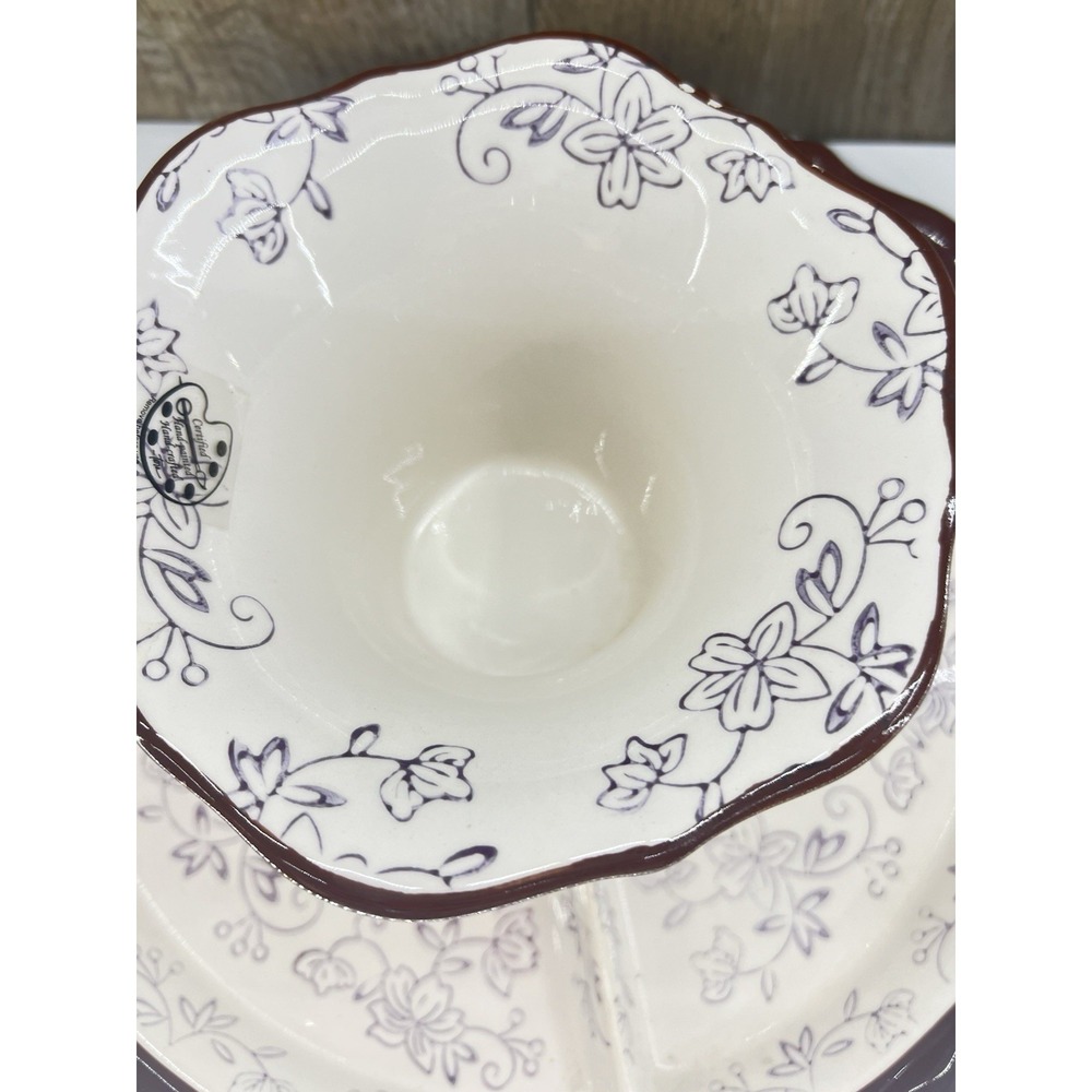 NEW Temptations Purple FLORAL LACE 2 In 1 Cake Stand Chip & Dip Crudite Set MINT - Picture 5 of 12